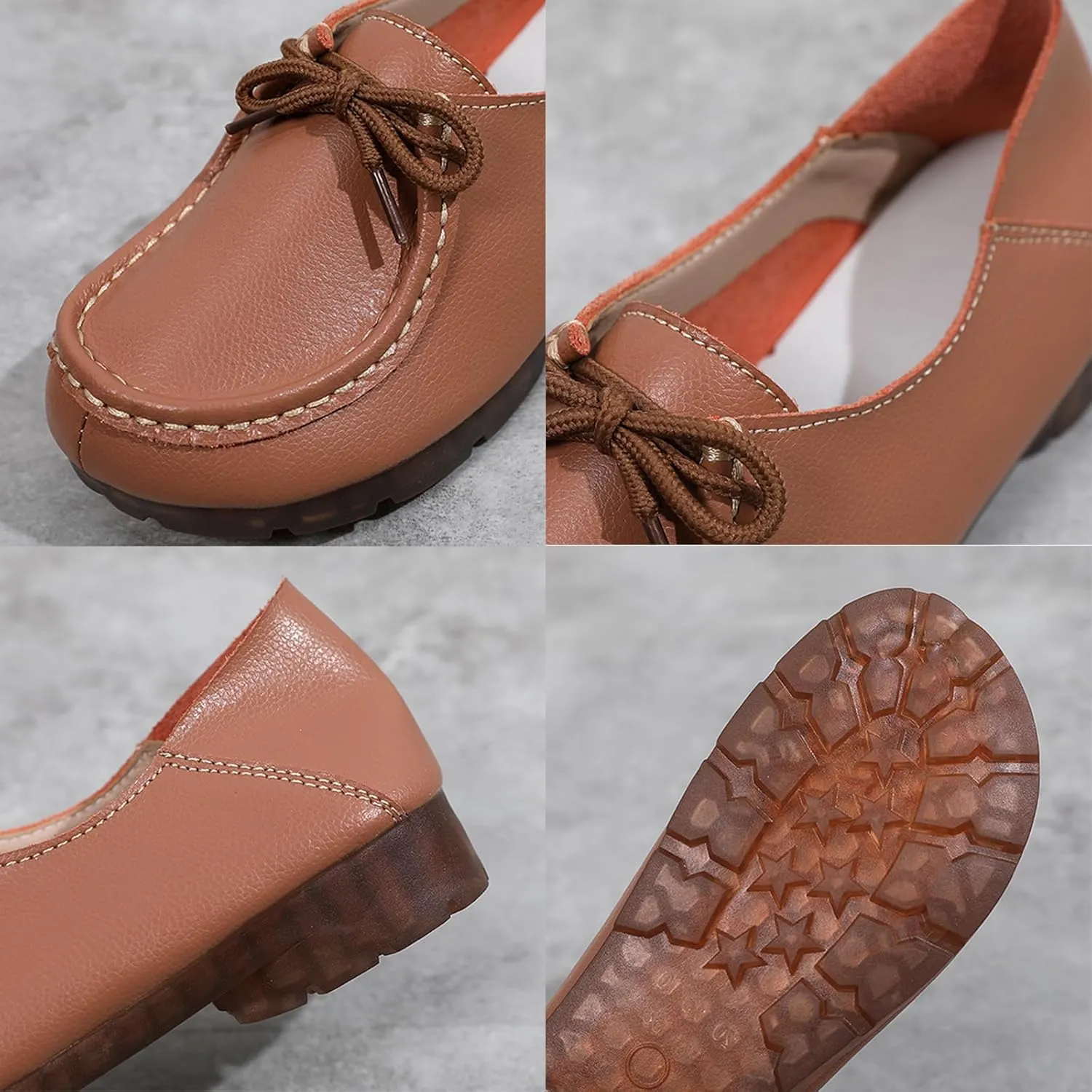 Women's Genuine Leather Lace Up Flat Loafers Hand Stitching Comfortable Non-Slip Soft Sole Driving Moccasins Slip On Casual Walking Work Shoes