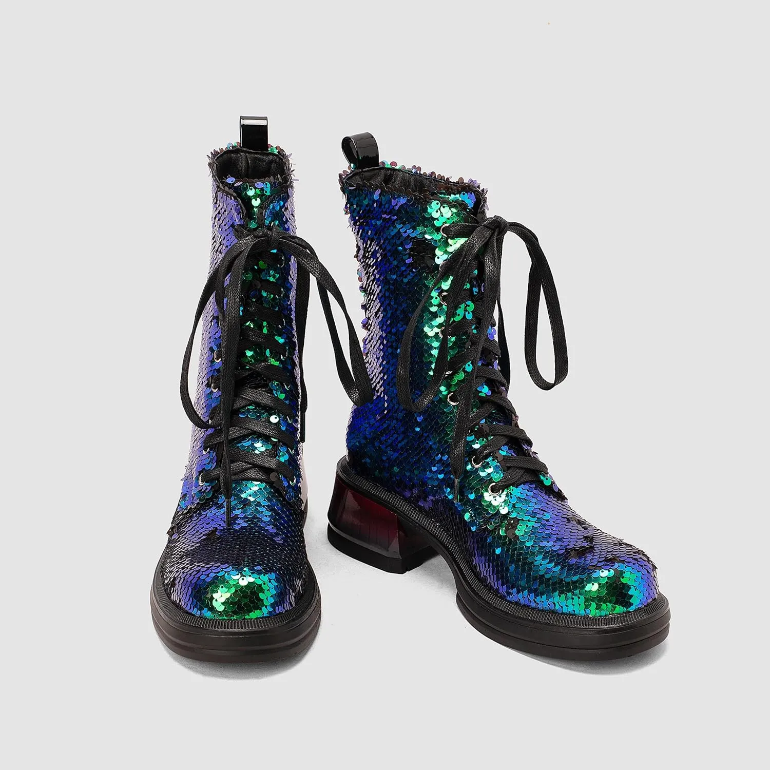 Women's Glitter Sequin Combat Boots Chunky Heel Lace Up Sequin Ankle Booties Round Toe Sparkly Ankle Booties