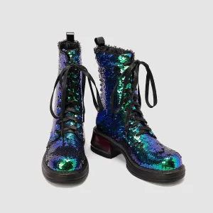 Women's Glitter Sequin Combat Boots Chunky Heel Lace Up Sequin Ankle Booties Round Toe Sparkly Ankle Booties
