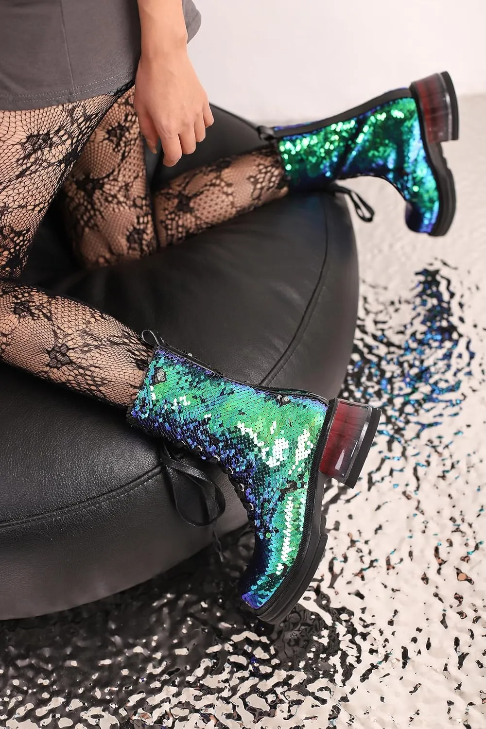 Women's Glitter Sequin Combat Boots Chunky Heel Lace Up Sequin Ankle Booties Round Toe Sparkly Ankle Booties