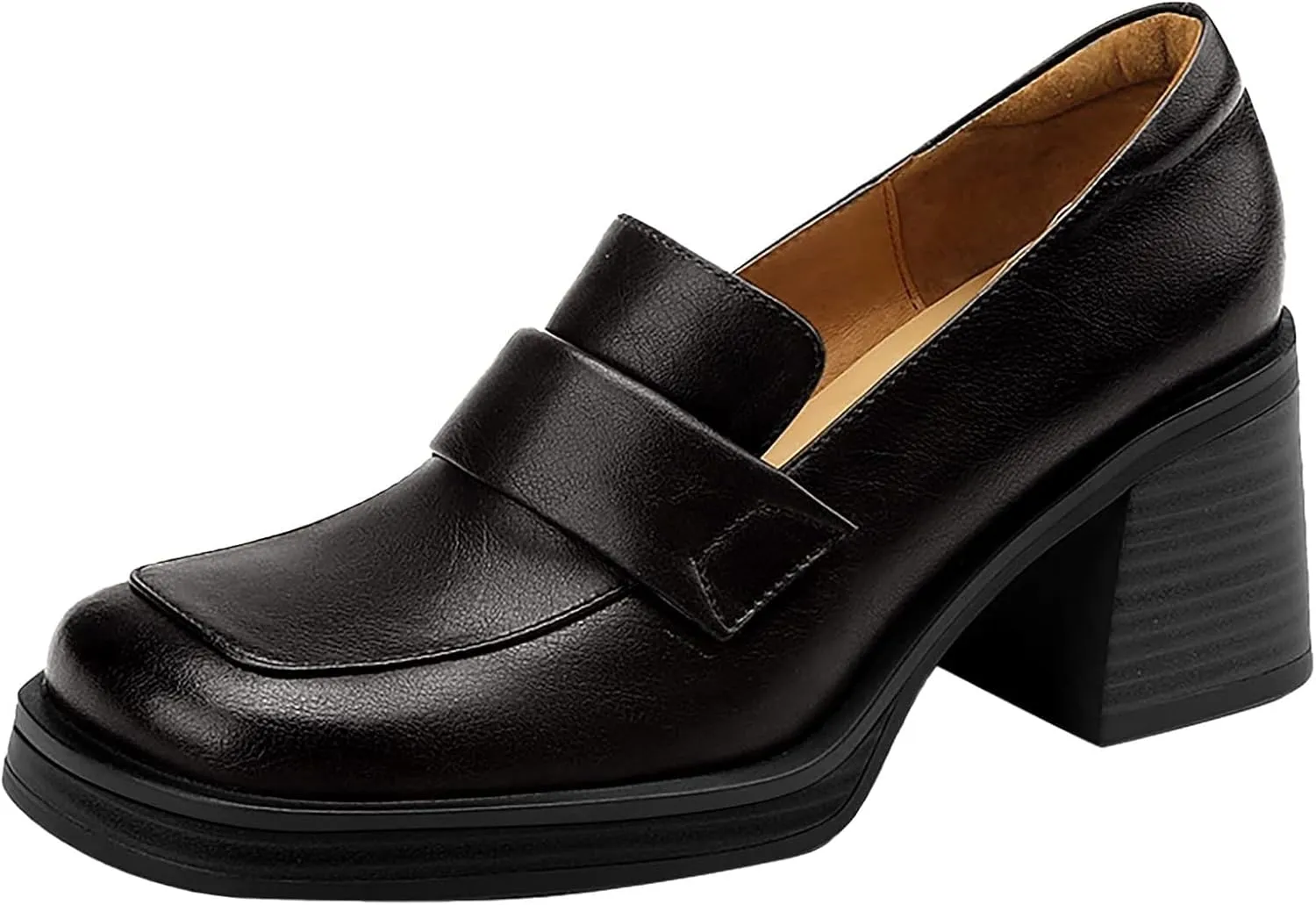 Women's Leather Chunky Stacked Heel Loafers Closed Square Toe Platform Pumps Slip On Oxfords Office Dress Shoes