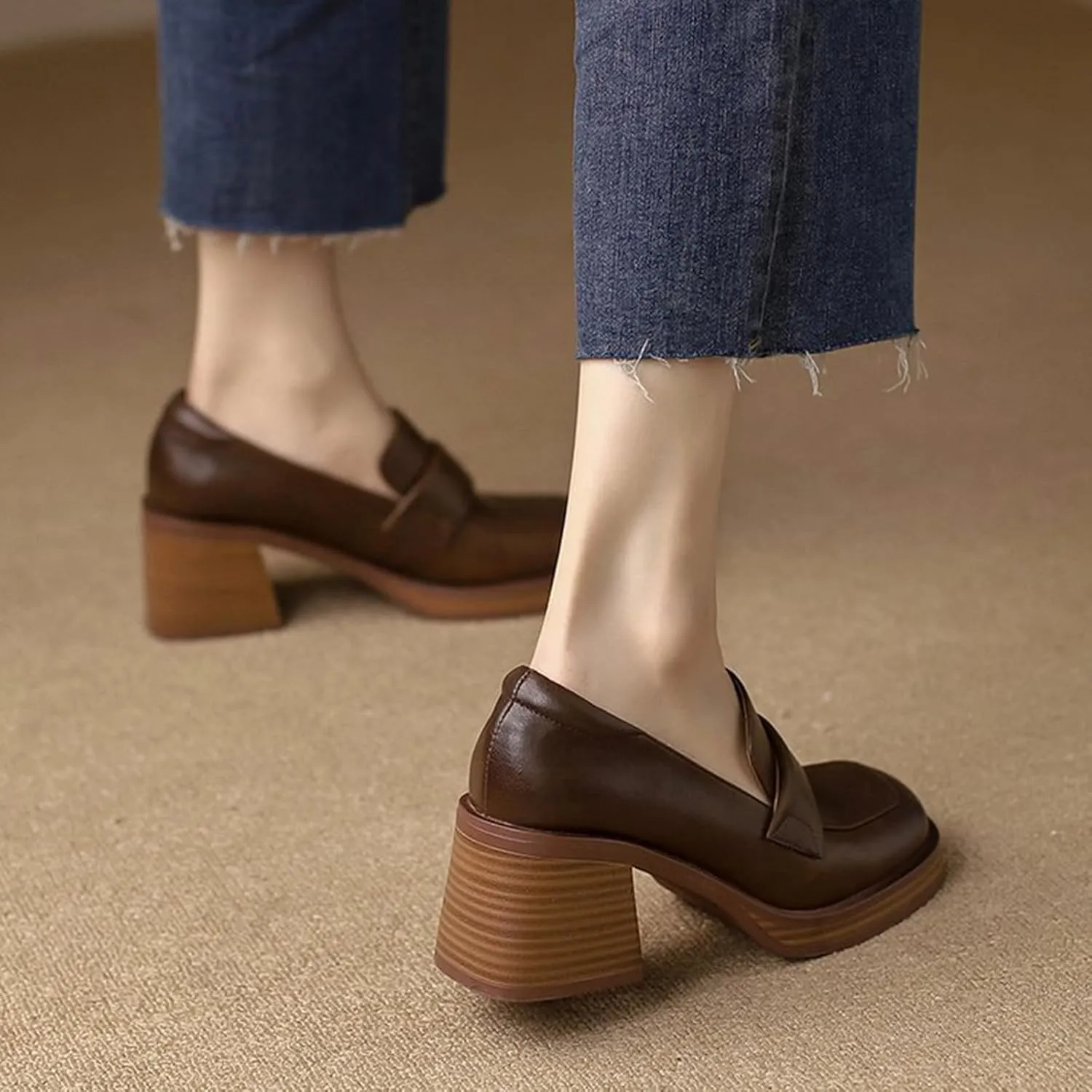 Women's Leather Chunky Stacked Heel Loafers Closed Square Toe Platform Pumps Slip On Oxfords Office Dress Shoes
