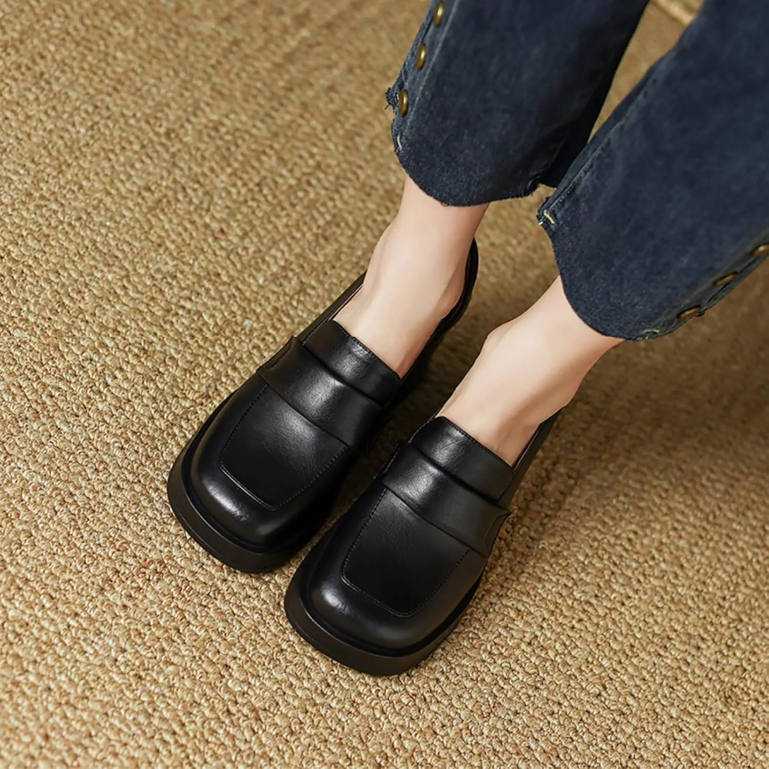 Women's Leather Chunky Stacked Heel Loafers Closed Square Toe Platform Pumps Slip On Oxfords Office Dress Shoes