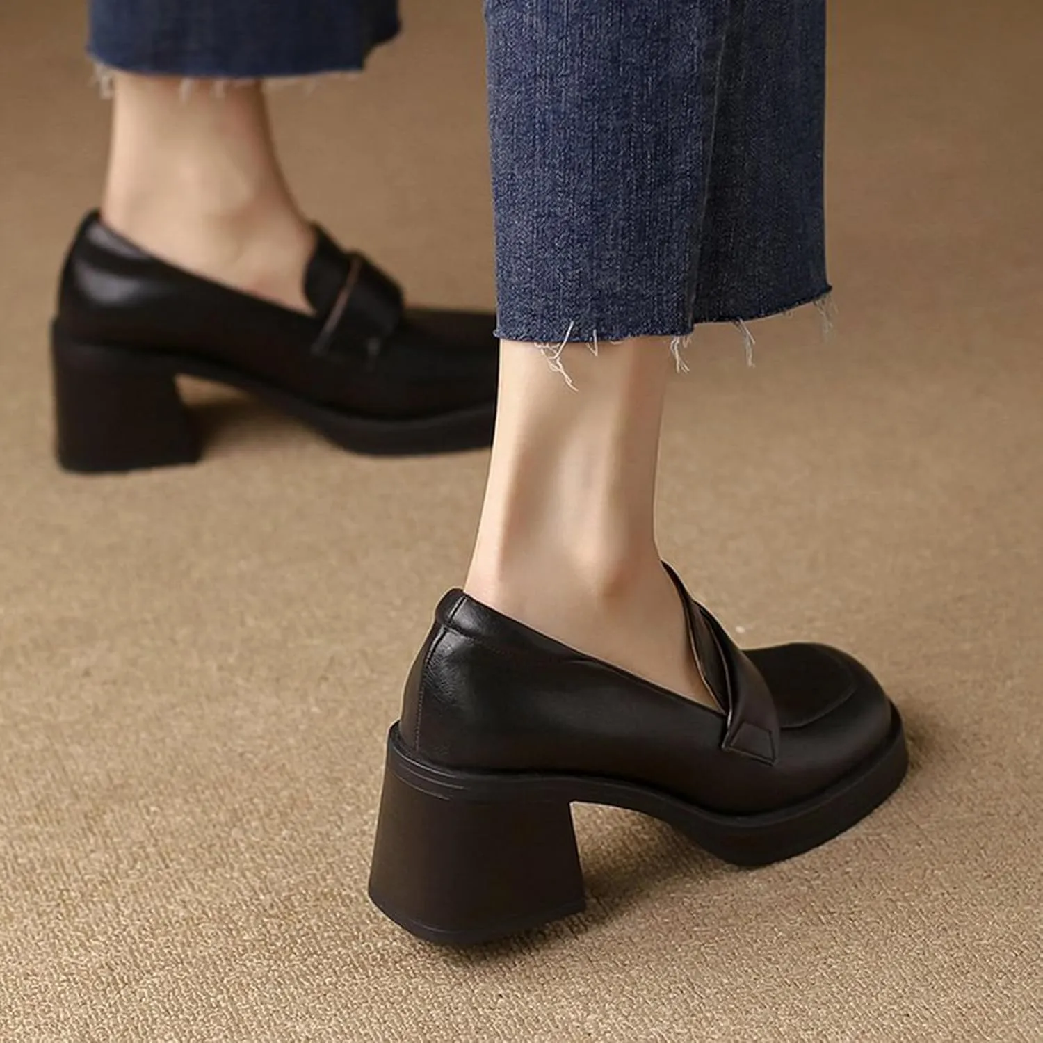 Women's Leather Chunky Stacked Heel Loafers Closed Square Toe Platform Pumps Slip On Oxfords Office Dress Shoes