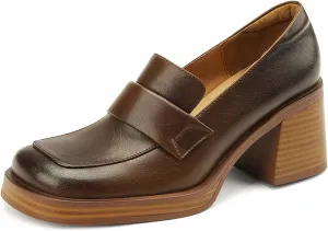 Women's Leather Chunky Stacked Heel Loafers Closed Square Toe Platform Pumps Slip On Oxfords Office Dress Shoes