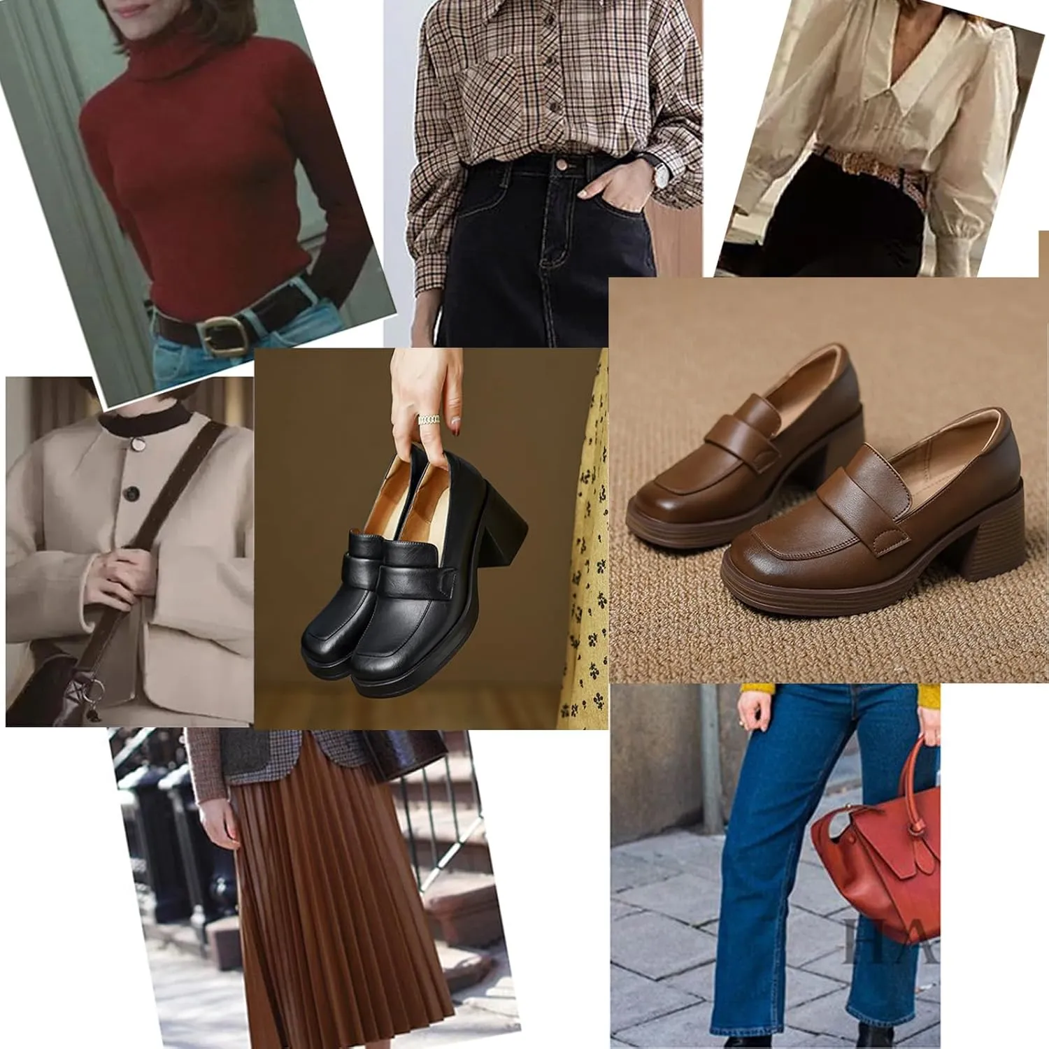 Women's Leather Chunky Stacked Heel Loafers Closed Square Toe Platform Pumps Slip On Oxfords Office Dress Shoes