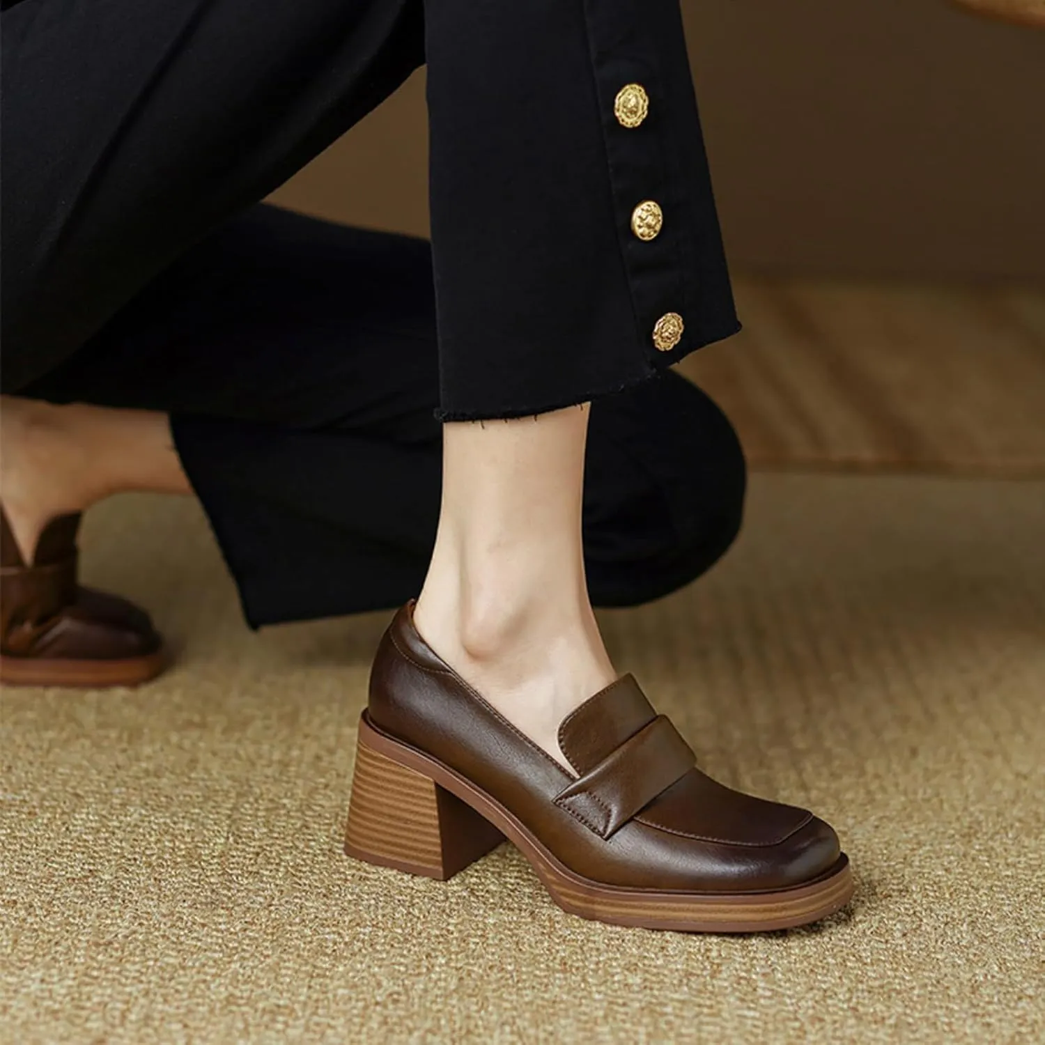 Women's Leather Chunky Stacked Heel Loafers Closed Square Toe Platform Pumps Slip On Oxfords Office Dress Shoes