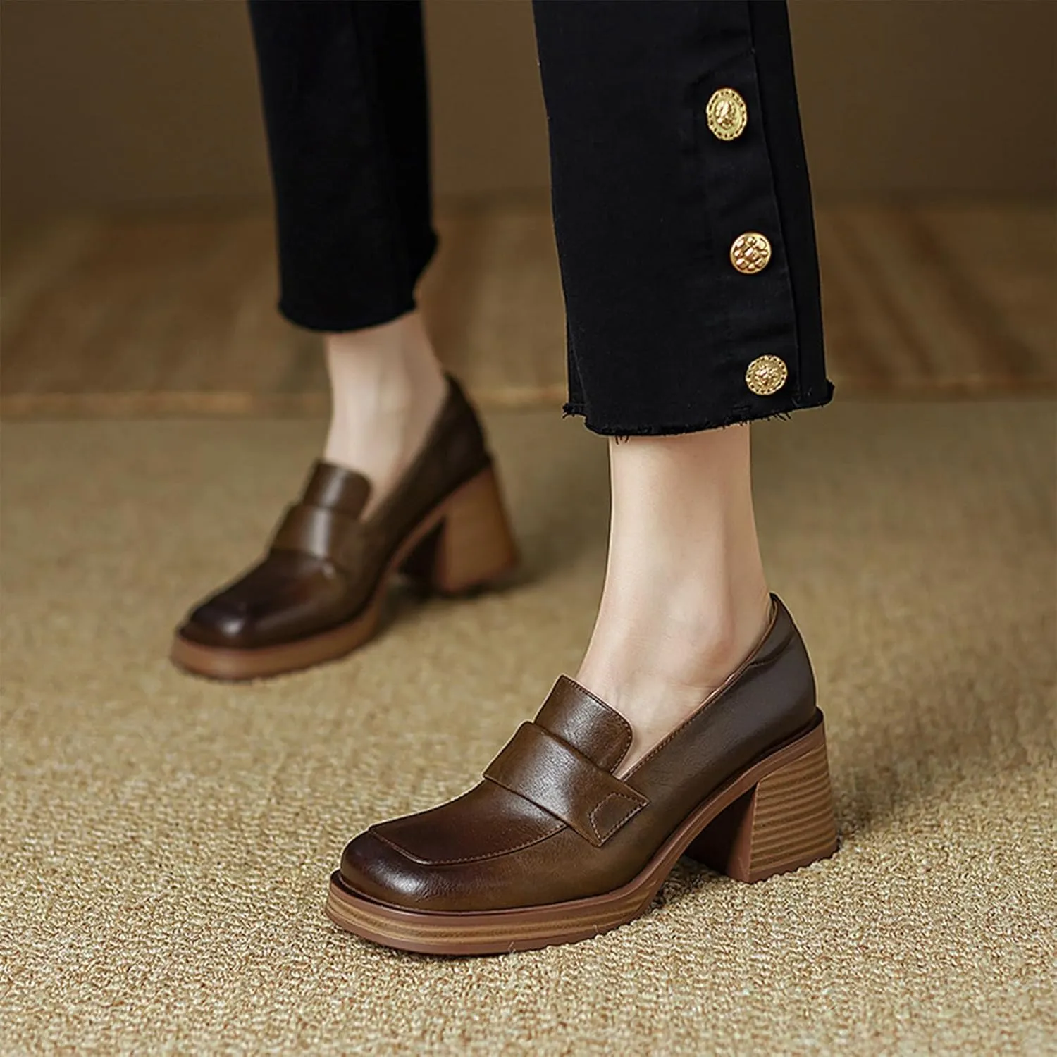 Women's Leather Chunky Stacked Heel Loafers Closed Square Toe Platform Pumps Slip On Oxfords Office Dress Shoes