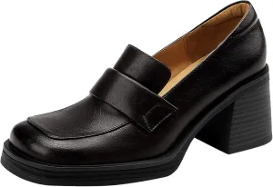 Women's Leather Chunky Stacked Heel Loafers Closed Square Toe Platform Pumps Slip On Oxfords Office Dress Shoes