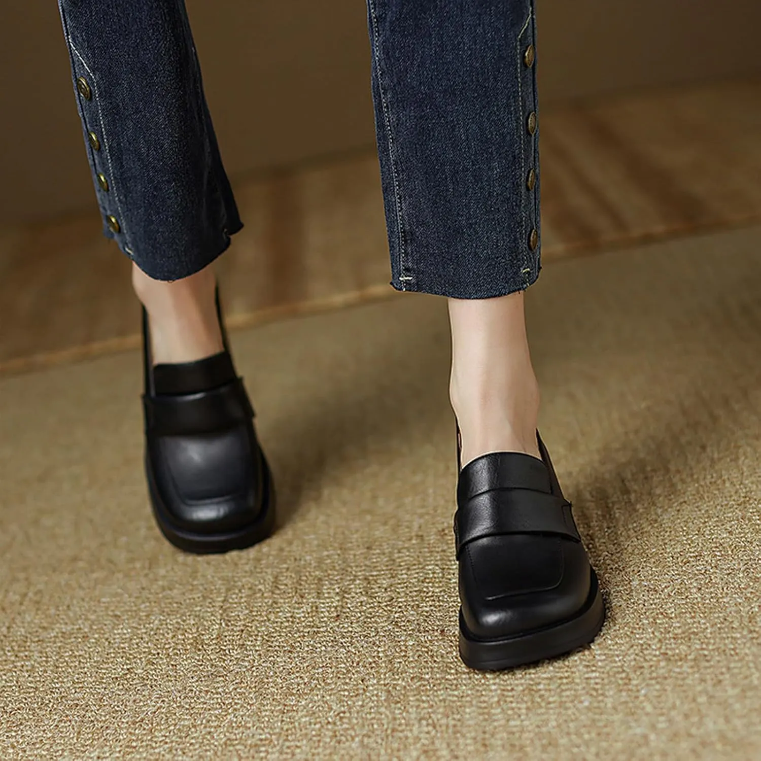 Women's Leather Chunky Stacked Heel Loafers Closed Square Toe Platform Pumps Slip On Oxfords Office Dress Shoes