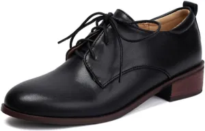 Women's Leather Lace-Up Oxfords Retro Round Toe Low Block Chunky Heels Brogues Casual Formal Business Work Office Dress Shoes