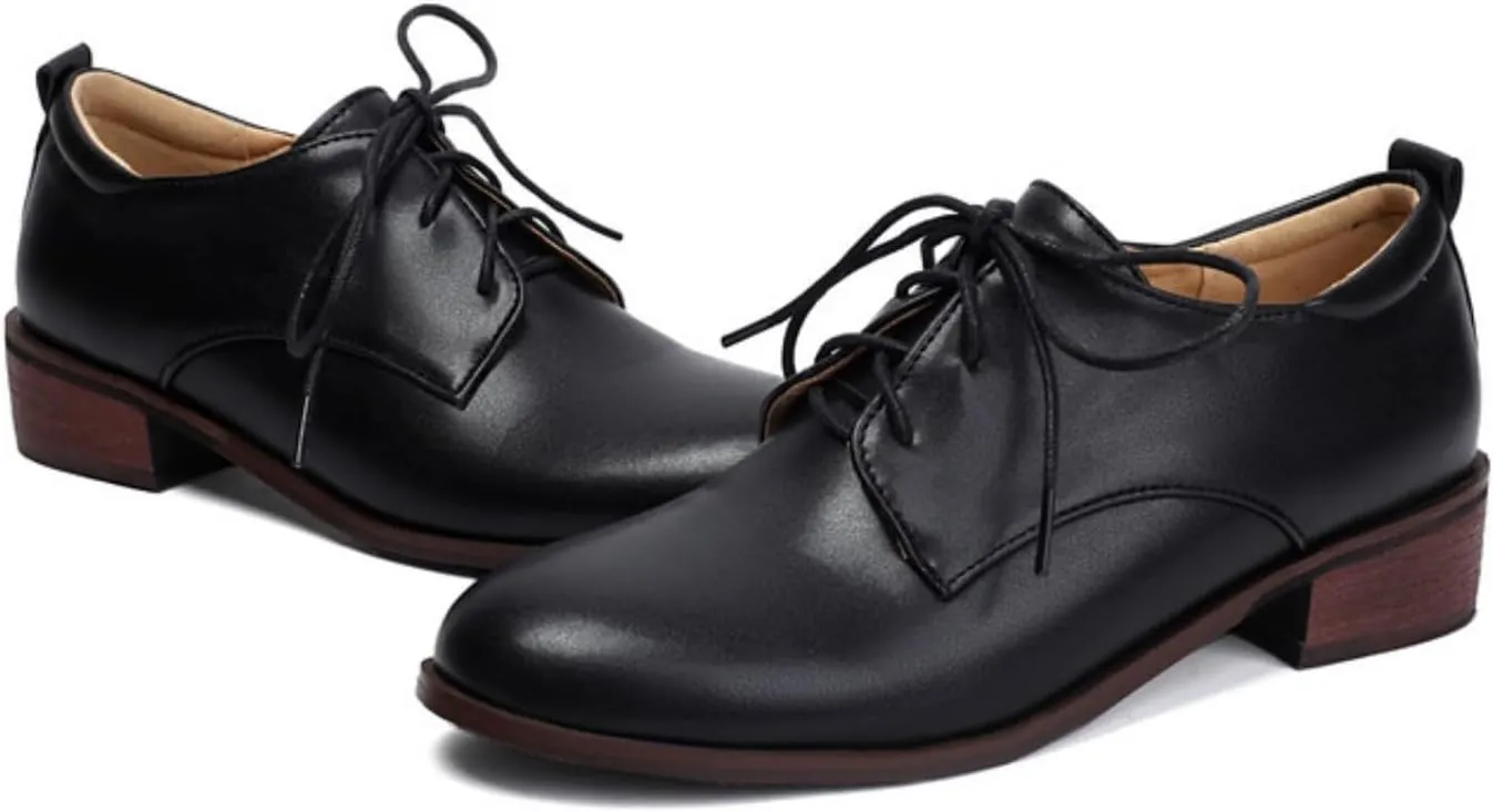Women's Leather Lace-Up Oxfords Retro Round Toe Low Block Chunky Heels Brogues Casual Formal Business Work Office Dress Shoes