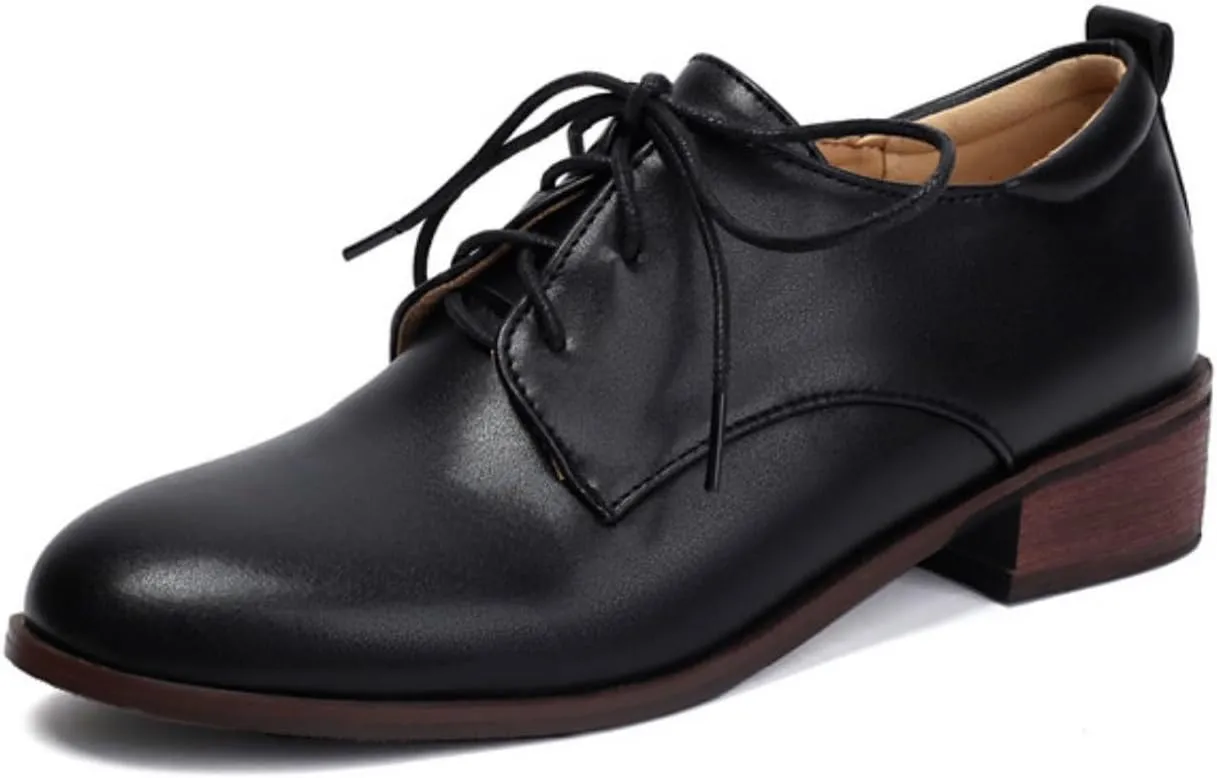Women's Leather Lace-Up Oxfords Retro Round Toe Low Block Chunky Heels Brogues Casual Formal Business Work Office Dress Shoes