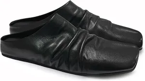 Women's Leather Wrinkled Square Toe Flat Mules Comfort Slip On Soft Sole Ballet Flats Casual Backless Office Work Loafers Women's Mules & Clogs