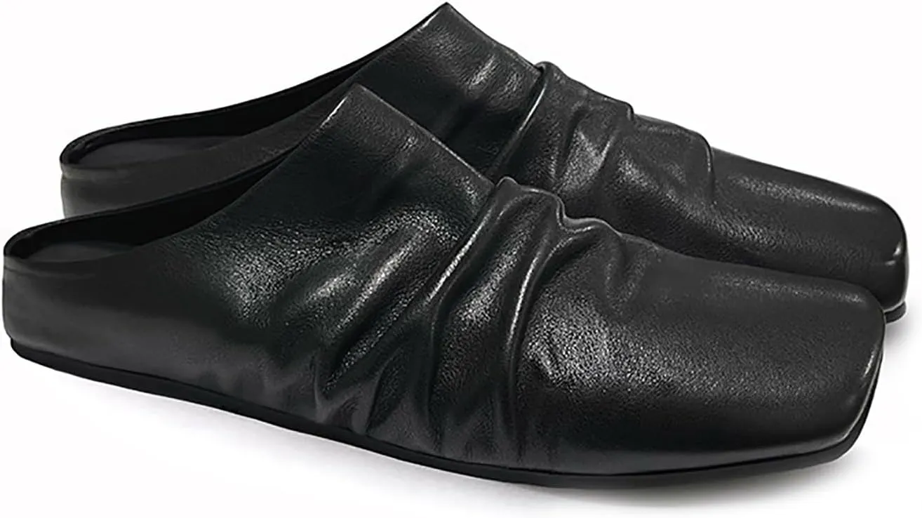 Women's Leather Wrinkled Square Toe Flat Mules Comfort Slip On Soft Sole Ballet Flats Casual Backless Office Work Loafers Women's Mules & Clogs