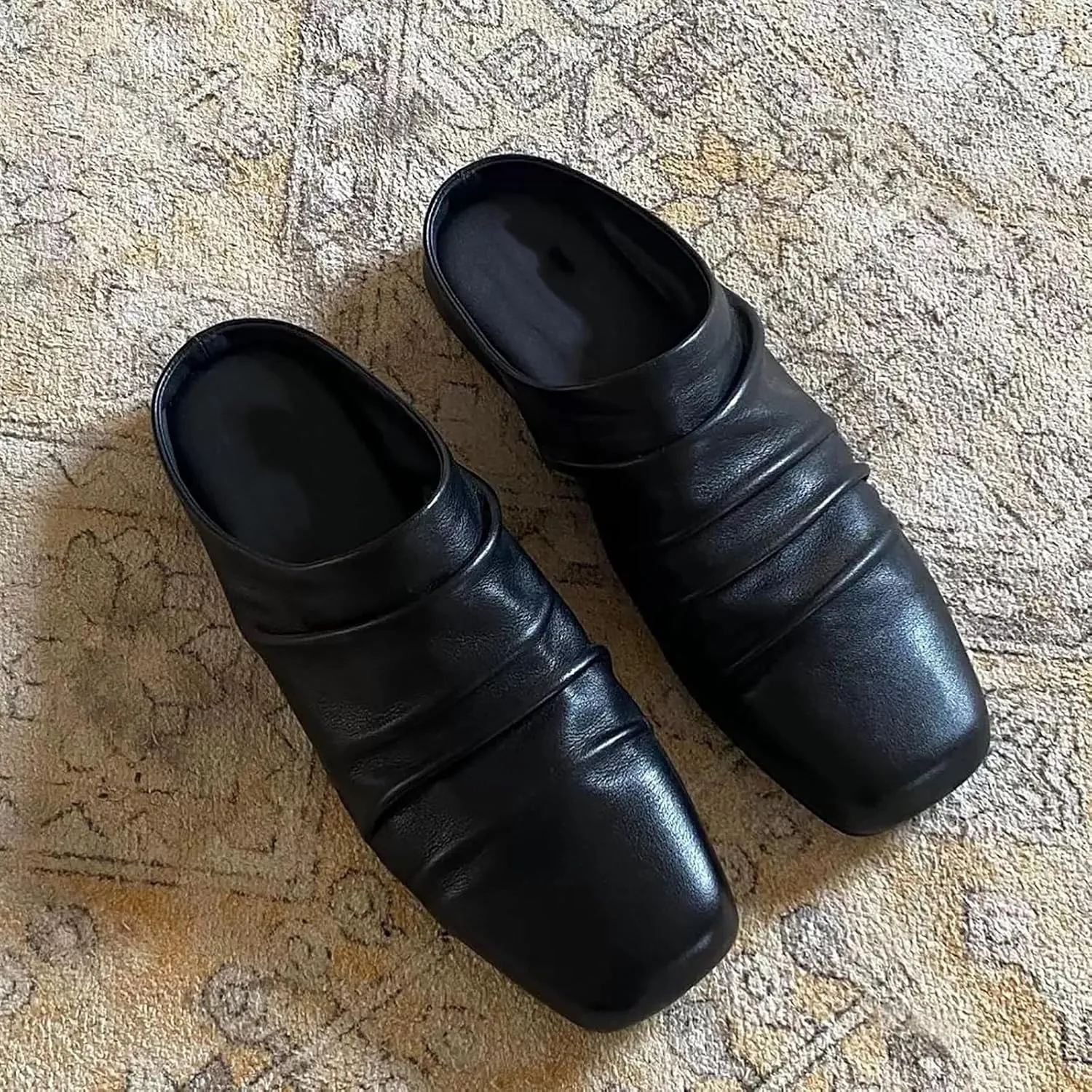 Women's Leather Wrinkled Square Toe Flat Mules Comfort Slip On Soft Sole Ballet Flats Casual Backless Office Work Loafers Women's Mules & Clogs