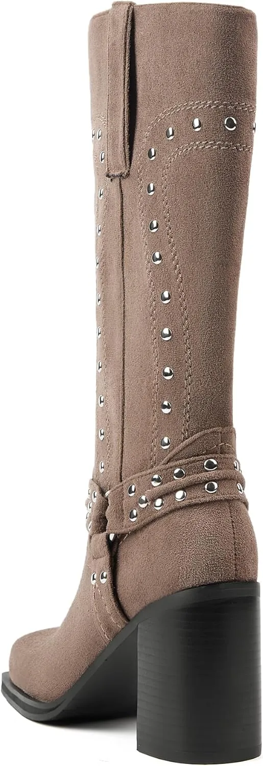 Women's Mid Calf Boots Motorcycle Biker Boots Studded Buckle Square Toe Pull On Block Heeled Booties Fashion Suede Riding Shoes for Women