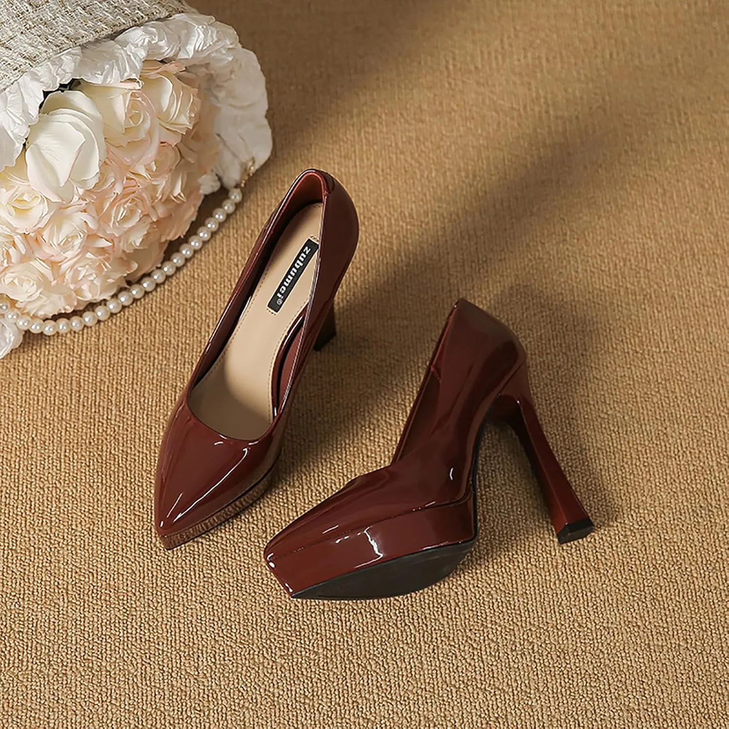 Women's Patent Leather Platform Stiletto Pumps Sexy Closed Pointed Toe Slip On Comfortable High Heels Sandals for Party Wedding Date Office Dress Shoes