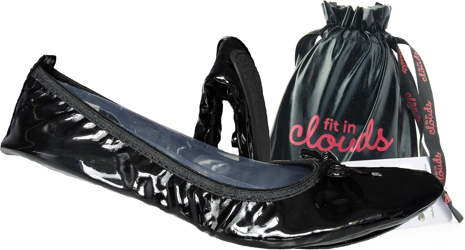 Women's Patent Style Foldable Portable Ballet Flats Shoes - Travel Wedding Foldup Slip On in a Carry Pouch