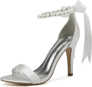 Women's Pearl Stiletto Heels Wedding Shoes Sandals Open Pointed Toe Satin Prom Wedding Party Dress Shoes