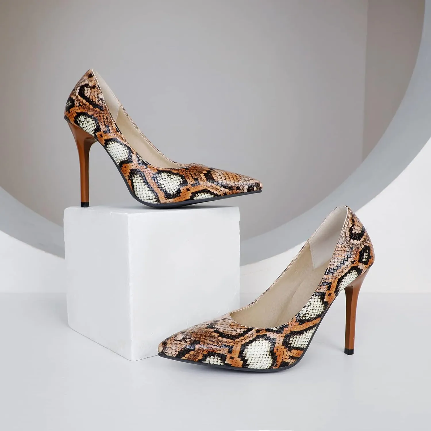 Women's Sexy Snakeskin Pointed Stiletto Closed Toe High Heels Shoes for Women Slip on Dress Casual Pumps