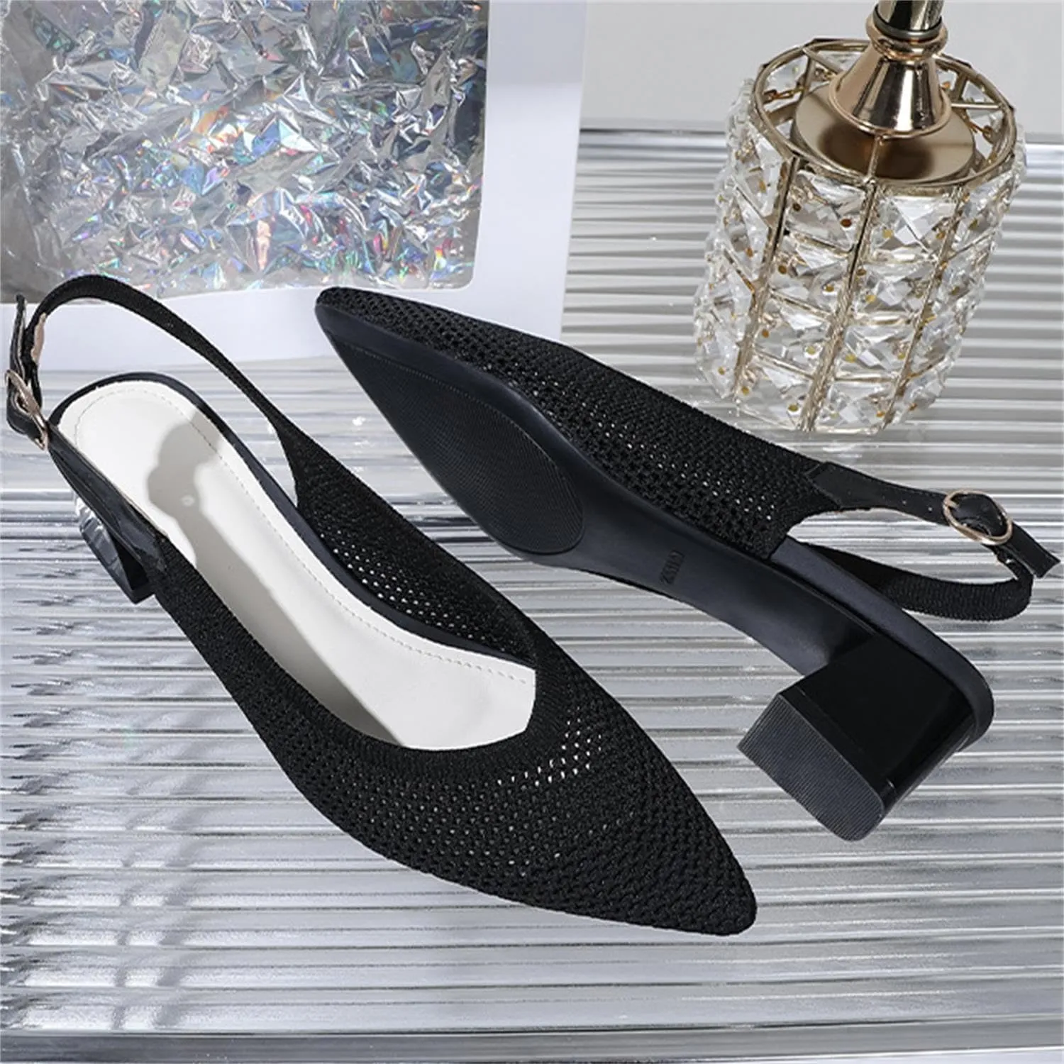 Women's Slingback Block Heel Pumps Ladies Closed Pointed Toe Weave Sandals Evening Dress Heels