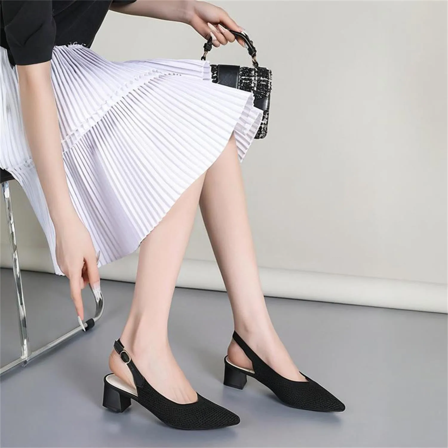 Women's Slingback Block Heel Pumps Ladies Closed Pointed Toe Weave Sandals Evening Dress Heels