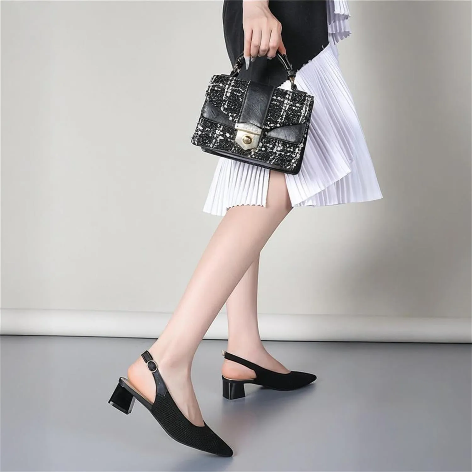 Women's Slingback Block Heel Pumps Ladies Closed Pointed Toe Weave Sandals Evening Dress Heels