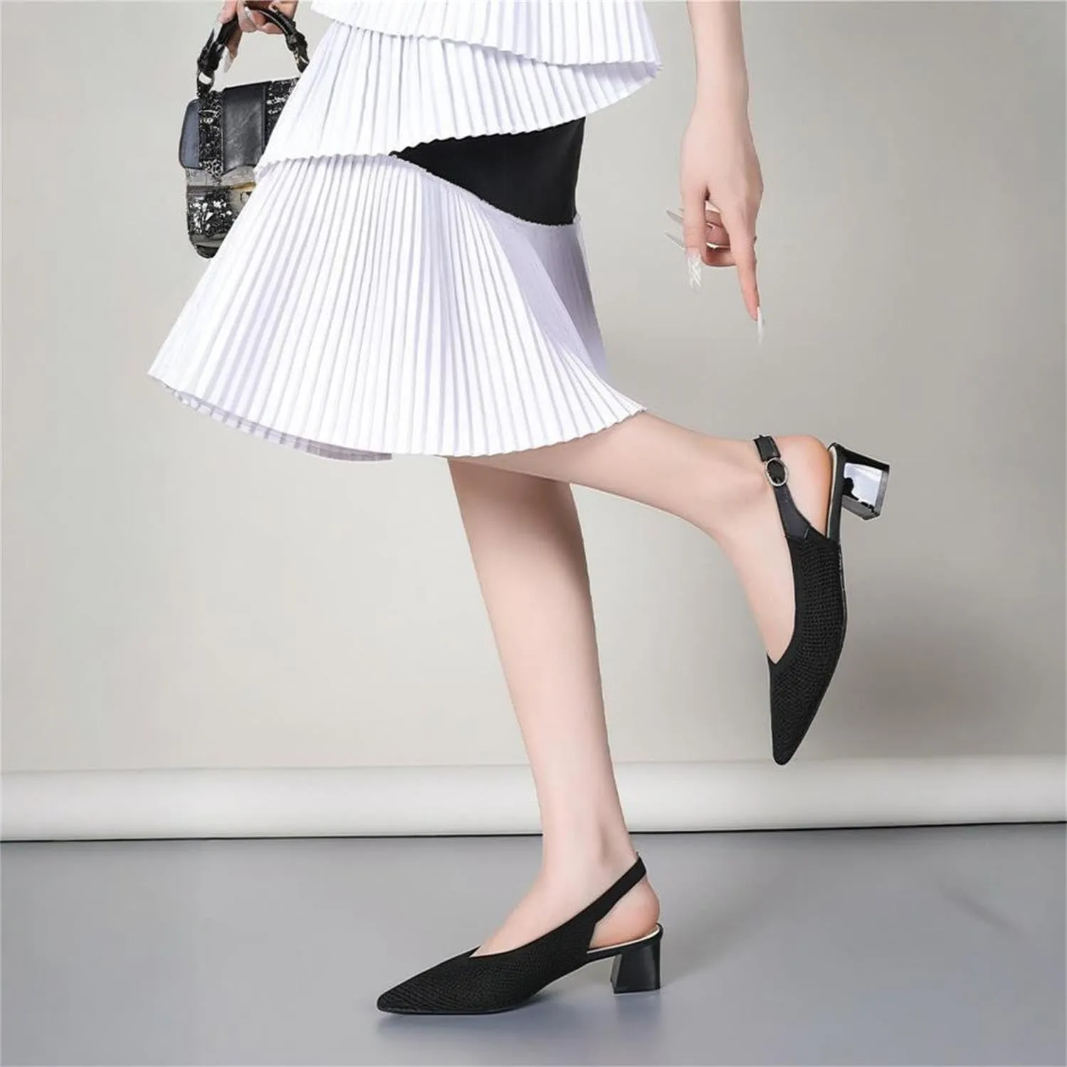 Women's Slingback Block Heel Pumps Ladies Closed Pointed Toe Weave Sandals Evening Dress Heels