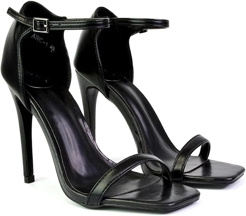 Womens Strappy Ankle Strap Ladies Square Toe Synthetic Leather Stiletto Heel Shoes Size 3-8