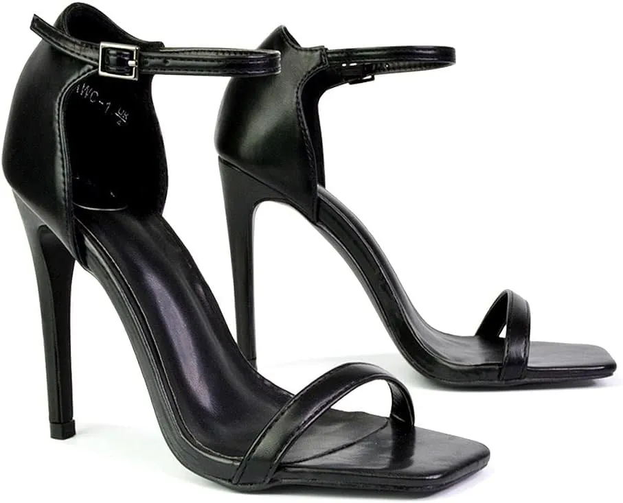 Womens Strappy Ankle Strap Ladies Square Toe Synthetic Leather Stiletto Heel Shoes Size 3-8