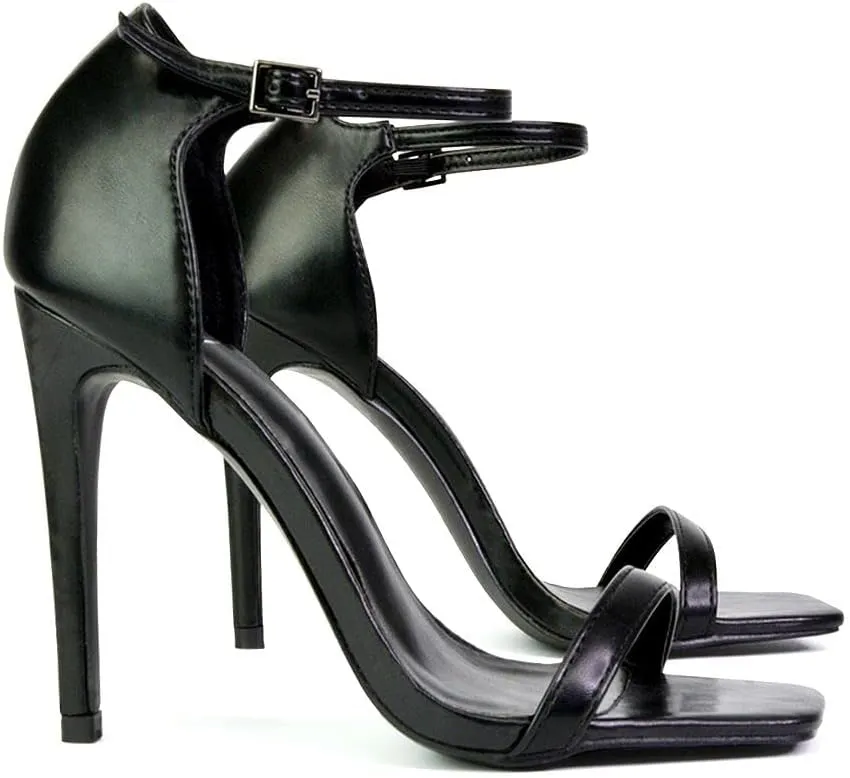 Womens Strappy Ankle Strap Ladies Square Toe Synthetic Leather Stiletto Heel Shoes Size 3-8
