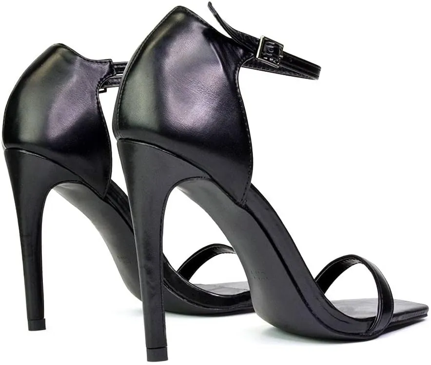 Womens Strappy Ankle Strap Ladies Square Toe Synthetic Leather Stiletto Heel Shoes Size 3-8