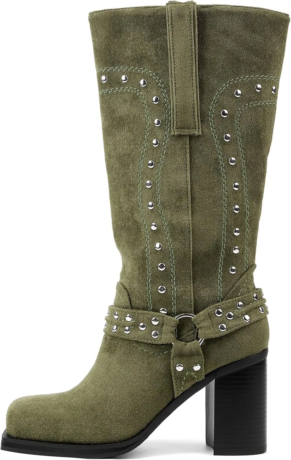 Women's Studded Square Toe Boots Suede Mid Calf Block Heeled Western Boots Handsome Pull On Chunky Heel Motorcycle Boots