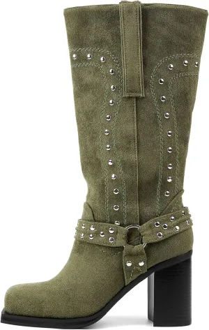 Women's Studded Square Toe Boots Suede Mid Calf Block Heeled Western Boots Handsome Pull On Chunky Heel Motorcycle Boots