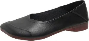 Women's Walking Loafers Leather Square-Toe Slip-On Shallow Mouth Moccasin Casual Comfortable Lightweight Anti-Slip Soft Sole Ballet Flats