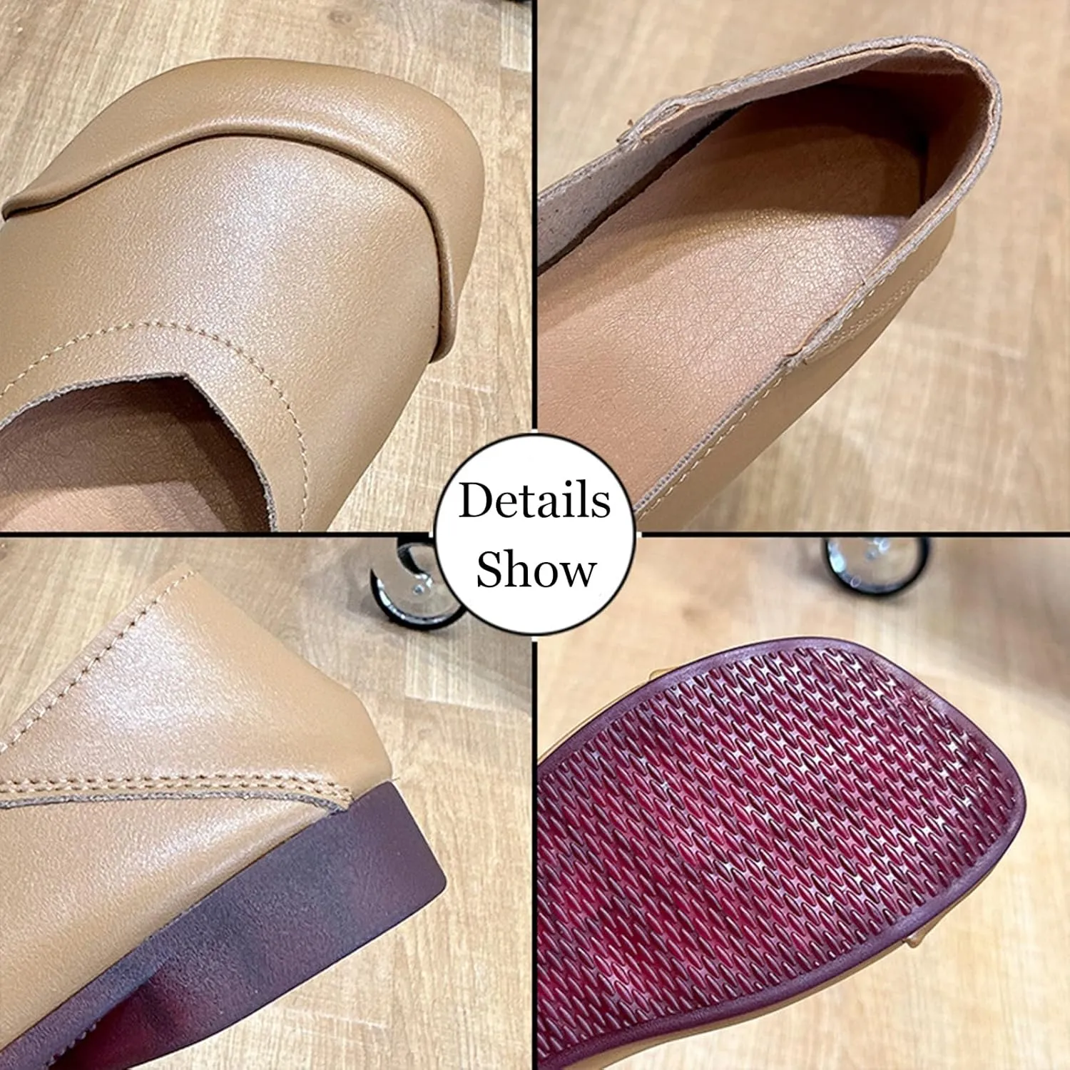 Women's Walking Loafers Leather Square-Toe Slip-On Shallow Mouth Moccasin Casual Comfortable Lightweight Anti-Slip Soft Sole Ballet Flats