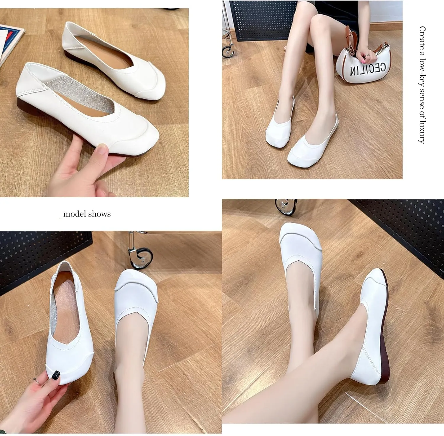 Women's Walking Loafers Leather Square-Toe Slip-On Shallow Mouth Moccasin Casual Comfortable Lightweight Anti-Slip Soft Sole Ballet Flats