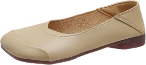 Women's Walking Loafers Leather Square-Toe Slip-On Shallow Mouth Moccasin Casual Comfortable Lightweight Anti-Slip Soft Sole Ballet Flats