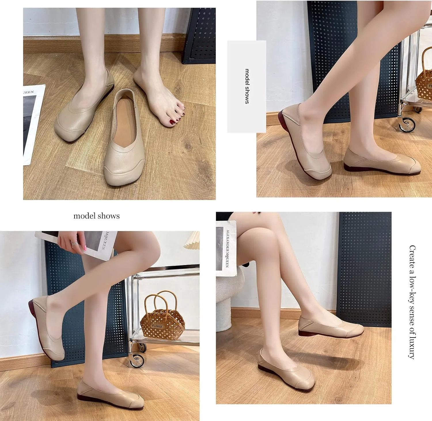 Women's Walking Loafers Leather Square-Toe Slip-On Shallow Mouth Moccasin Casual Comfortable Lightweight Anti-Slip Soft Sole Ballet Flats