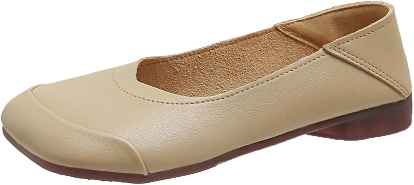 Women's Walking Loafers Leather Square-Toe Slip-On Shallow Mouth Moccasin Casual Comfortable Lightweight Anti-Slip Soft Sole Ballet Flats