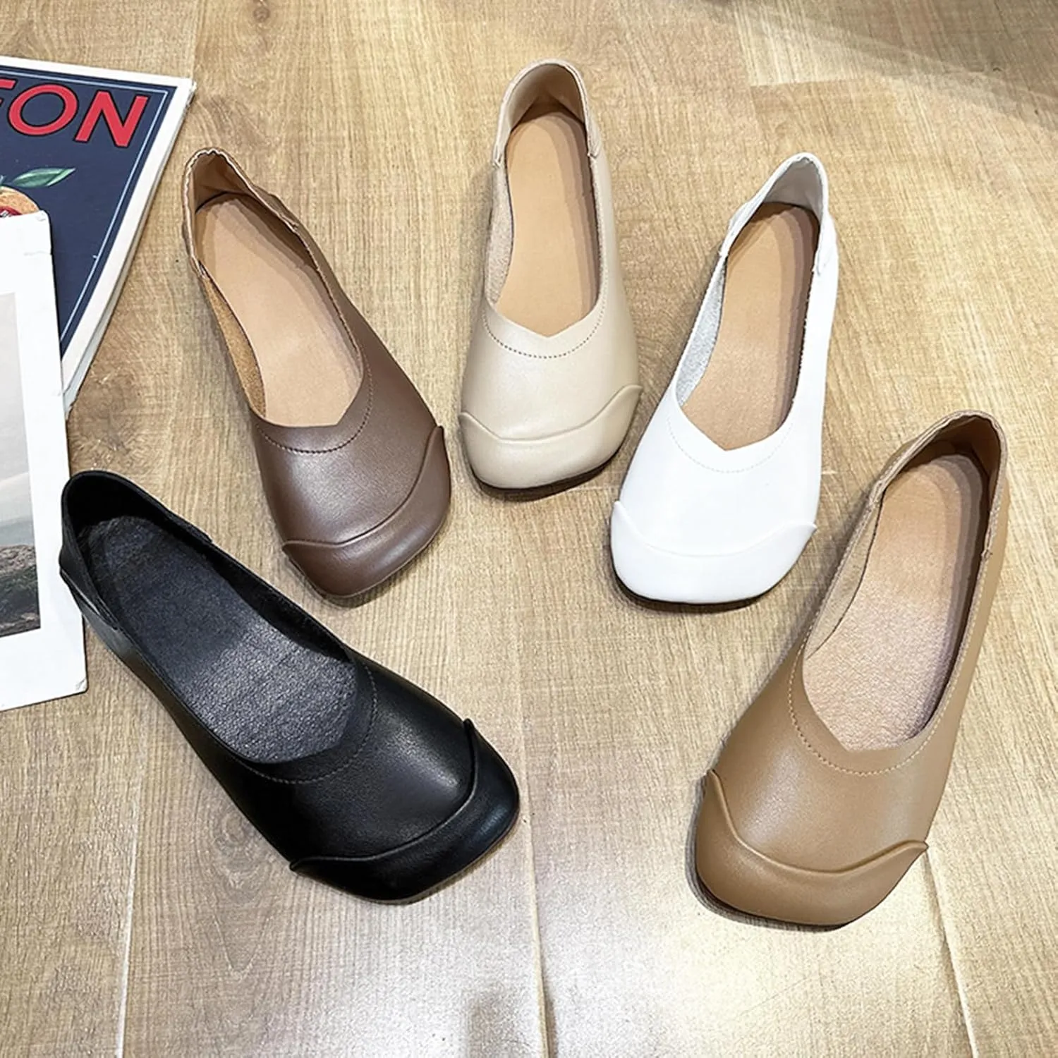 Women's Walking Loafers Leather Square-Toe Slip-On Shallow Mouth Moccasin Casual Comfortable Lightweight Anti-Slip Soft Sole Ballet Flats