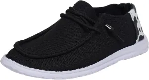 Women's Wendy Cow Print Loafers Canvas Slip-On Casual Boat Shoes with Decorative Laces and Textured Upper Walking Sneakers Black