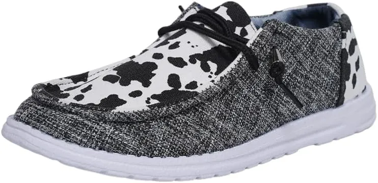 Women's Wendy Cow Print Loafers Canvas Slip-On Casual Boat Shoes with Decorative Laces and Textured Upper Walking Sneakers Grey