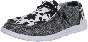 Women's Wendy Cow Print Loafers Canvas Slip-On Casual Boat Shoes with Decorative Laces and Textured Upper Walking Sneakers Grey