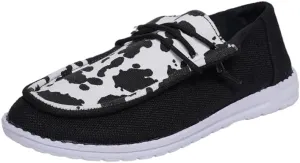Women's Wendy Cow Print Loafers Canvas Slip-On Casual Boat Shoes with Decorative Laces and Textured Upper Walking Sneakers