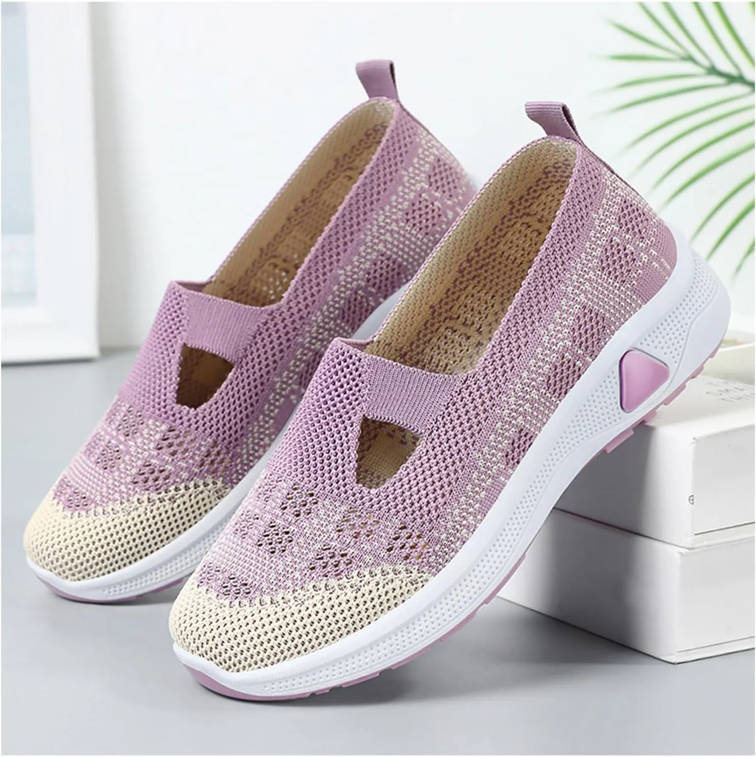 Women's Woven Orthopedic Breathable Soft Sole Shoes Slip On Diabetic Mesh Trainers Women's Comfortable Casual Air Cushion Athletic Shoes Arch Support Running Jogging Sports Sneaker