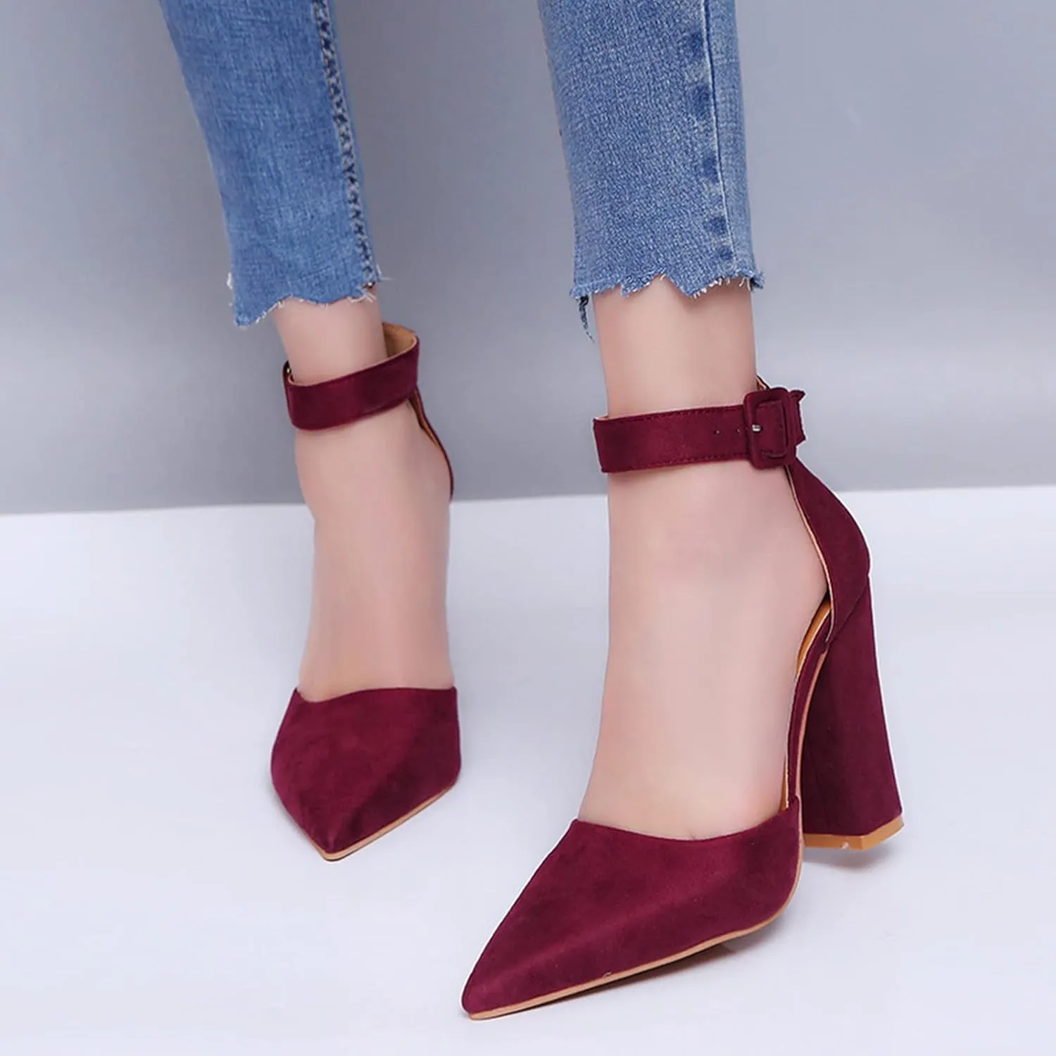 ZBYY Women's Pointed Toe High Heels Ankle Strap Pumps Shoes Summer Ankle Strap Chunky Heel Party Wedding Dress Sandals